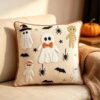 Halloween Throw Pillow Cover 18x18 Inch, Soft Fall Pillow Covers, Hand-Embroidered Ghost Mummy Star Linen Cushion Case, Farmhouse Couch Sofa Bed Decor, Halloween Decorations for Sofa Couch Bed, type B