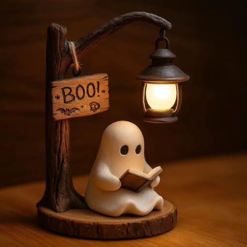 Halloween Witch Lamp, Stained Glass Style Resin Witchs Figurine with Lantern & Broom, Gothic Spooky Table Lamp LED Night Light for Home Decor, Indoor Party Holiday Centerpiece Mantel Entryway (Ghost)
