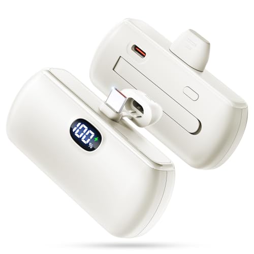 Hamcoc Portable Charger, Lightweight, Built-in USB-C Connector, Cordless Mobile Battery, iPhone Mobile Charger, Hidden Stand, Compact Mini, Stylish, Compatible with iPhone Smartphones, Cream