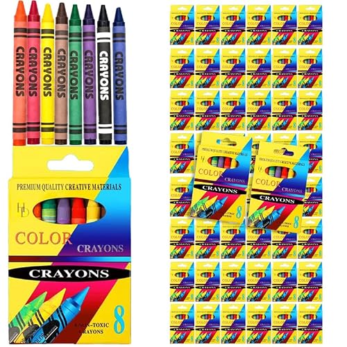 Hampton Distribution 50-Pack Bulk Crayons for Kids: 8-Color Individual Crayon Bulk Sets – Perfect for Party Favors, Classroom Supplies, Stocking Stuffers
