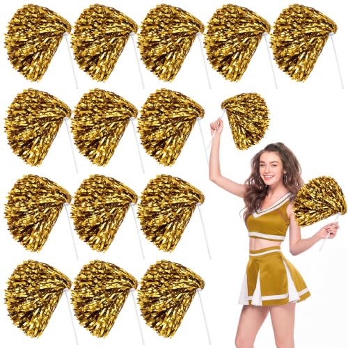 Hanaive 10 Pcs Metallic Foil Textured Team Spirit Shakers Bulk Pet Cheerleader Pom Poms for Spirit Week Sport Fan Football Basketball Volleyball Squad Party Dance Soccer Party Decor(Gold)