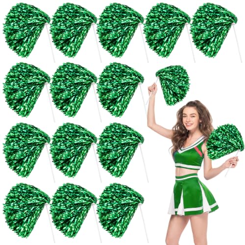 Hanaive 10 Pcs Metallic Foil Textured Team Spirit Shakers Bulk Pet Cheerleader Pom Poms for Spirit Week Sport Fan Football Basketball Volleyball Squad Party Dance Soccer Party Decor (Green)