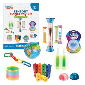 hand2mind Sensory Fidget Toy Kit, Play Therapy Toys, Fidget Tube, Mini Glow Sticks, Play Foam, Stress Ball, Anxiety Sensory Items, Occupational Therapy Toys, Calm Down Corner Supplies (128 Pieces)
