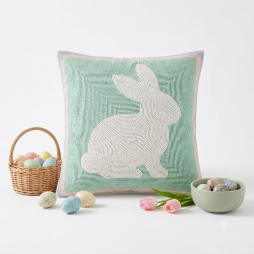 Handmade Beaded Bunny Throw Pillow Cover – Luxury Easter Rabbit Decorative Cushion for Couch, Sofa, and Living Room, Premium Glass Beadwork Spring Accent Decor, Sage Green & Pastel Pink (18x18 inch)