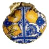 Handmade Decoupage Scallop Shell Dish Blue and Yellow Mediterranean Tile Lemon Pattern with Gold Leaf Edge Ring and Jewelry Tray