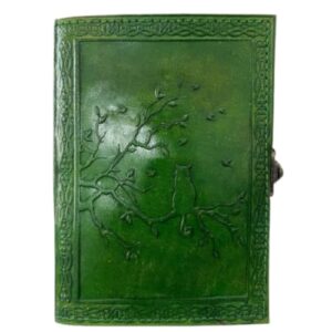 Handmade Green Leather Journal with Celtic Cat Embossed Cover, Metal Clasp Lock, 200 Unlined Pages, 7x5 Inch