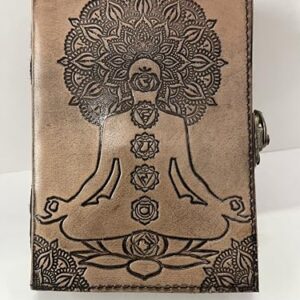 Handmade Vintage Leather Journal with Chakra Mandala Design, Unlined White Pages, C Lock Clasp, 7x5x1 Inches, 200 Pages