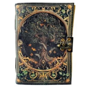 Handmade Vintage Tree of Life Leather Journal, Unlined Deckle Edge Pages, Brass C Lock Clasp, 7x5x1 Inches, 200 Pages