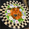 Hand Painted Wooden Lazy Susan Cow with Flowers Checkered Border Rotating Serving Tray Decorative Turntable Kitchen Table Centerpiece Farmhouse Home Decor