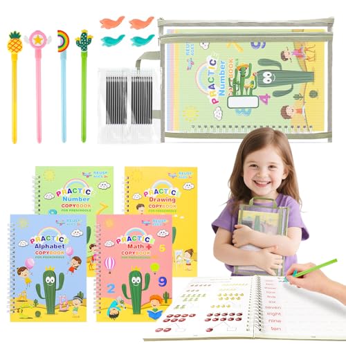 Handwriting Practice for Kids Ages 3-8, Reusable Magic Grooved Copybook - 4 Preschool Workbooks + 4 Pen Grips + 30 Refills + Pouch - Homeschool Kindergarten Learning Activities