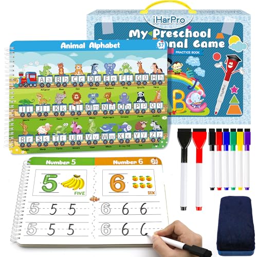 Handwriting Practice Tracing Books for Kids Ages 3-5, Montessori Preschool Learning Activity, Autism Educational Learn Number Letters Shapes Animal & Sight Words Workbook with 8 Dry Erase Markers
