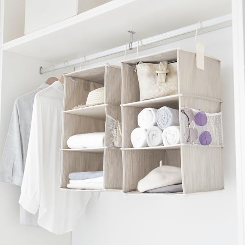 Hanging Closet Organizer, 2 Pack 3-Shelf Closet Storage Organizer, Detachable 6-Tier Closet Organizer System with Side Pockets, Heavy Duty Hanging Shelves for Clothes, Sweaters & Accessories, Clay