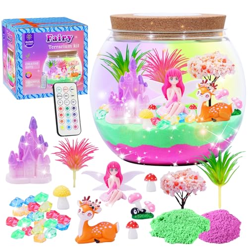 Hannstar Fairy Garden Kits for Kids - Light Up Terrarium kit Birthday Gift for Girls Ages 4 5 6 7 8 10 12 Years Old - Creative Garden Toys for Girls - DIY Arts and Crafts Kit for Kids