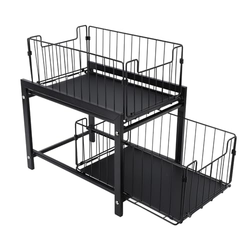 Haofy Under Sink Organizer Iron 2 Tier Pull Out Rack with Removable Drawers for Bathroom Kitchen Storage Holds Toiletries Cleaning Supplies Up to 12 Inches Tall Fits Compact Spaces