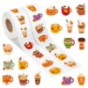 Haooryx Fall Latte Sticker Rolls, 1000Pcs Cute Autumn Pumpkin Spice Latte