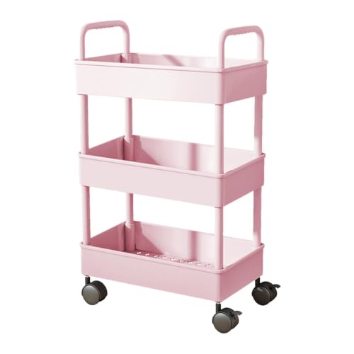 HAOPAIXW 3 Tier Slim Rolling Cart, Lightweight Plastic Utility Cart with Wheels, Small Mobile Storage Organizer Rack for Light Toiletries, Snacks, Makeup and Stationery (13.8"x8.7"x26.9") (Pink)