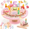 HAPGFS Wooden Birthday Cake Toy Set, Realistic Birthday Cake with Candles and Fruits, Montessori Pretend Play Wooden Toys, Educational Play Food for Birthday Parties and First Birthday Gifts Pink