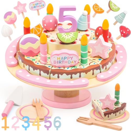 HAPGFS Wooden Birthday Cake Toy Set, Realistic Birthday Cake with Candles and Fruits, Montessori Pretend Play Wooden Toys, Educational Play Food for Birthday Parties and First Birthday Gifts Pink