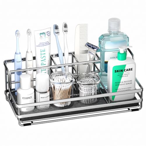 HapiRm Toothbrush Holders for Bathroom - 5 Partitions Bathroom Counter Organizer with Instant Drying Stone, Stainless Steel Countertop Storage Electric Toothbrush Toothpaste Holder - Silver(Large)