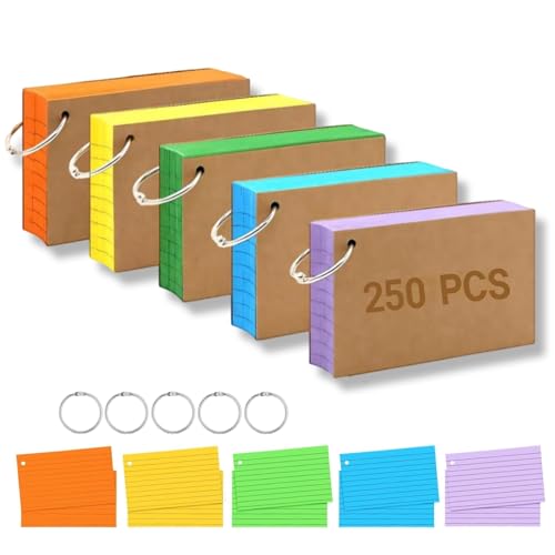HAPNEWEY 3x5 Inch Colorful Index Cards, Heavy Duty Neon 250 Sheets Lined Flashcards for Studying, Office & Home Use (Multicolored with Ring B)