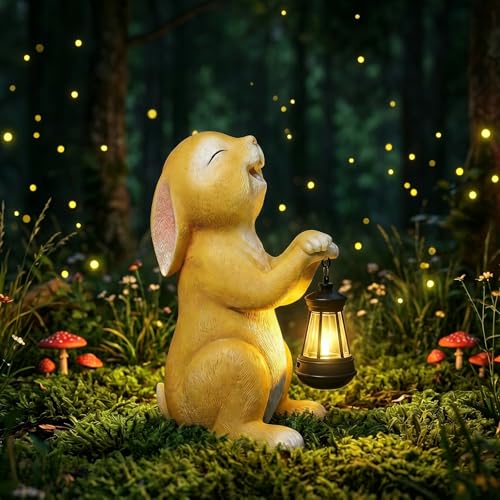 Happy Bunny Solar Light Statue Whimsical Garden Decor with Solar Lantern Waterproof Resin Outdoor Bunny Figurine for Patio Yard Easter Gifts for Women Unique Home Decor Birthday Presents Brown