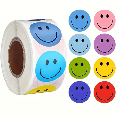 Happy Face Stickers, 500pcs 1 Inch Round Multicolored Smiley Face Labels Self Adhesive Kids Stickers Easy to Peel Roll Decals for Teacher Classroom Reward Student Encouragement Envelope Seals