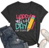 Happy First Day of School Shirt Women Teacher Gift Shirts Appreciation T-Shirt Back to School Tee Top Dark Grey