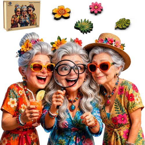 Happy Grandmas Wooden Puzzles for Adults, Cute Granny Jigsaw Puzzles for Adults 150 Large Pieces, Unique Shape Wood Puzzles, Christmas Thanksgiving Birthday Gift for Friend Senior Family Game 11x8.6in