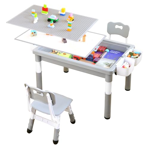 HAPPYMATY 4 in 1 Kids Table and 2 Chairs Set, Large Storage Toddler Table and Chair Set with 4 Side Box, Graffiti/Building Blocks Double-Sided Tabletop, Multi-Functional Children Activity Table
