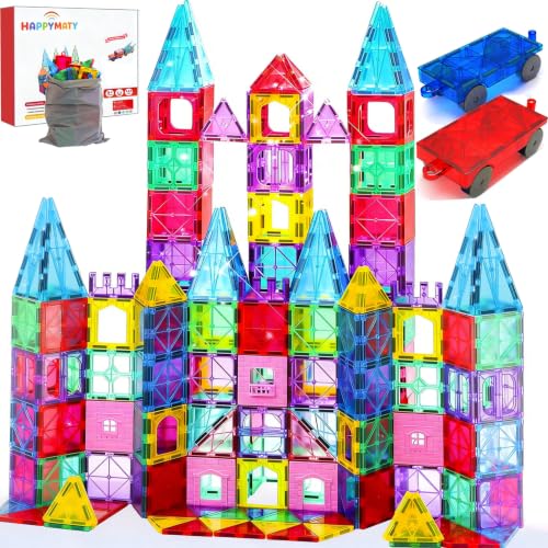 HAPPYMATY Next-Gen Antibacterial Magnetic Tiles - 106 PCS Magnet Building Tiles with 2 Cars for Kids Aged 3+, Inhibits Bacterial Growth for Safer Play, 3D STEM Educational Construction Blocks Toy