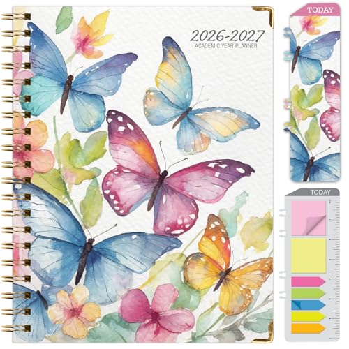 HARDCOVER Academic Year 2026-2027 Planner: 14 Months (May 2026 Through June 2027) 8.5"x 11" Daily Weekly Monthly Planner Yearly Agenda. Bookmark, Pocket Folder and Sticky Note Set (Watercolor Butterflies)