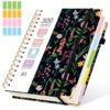 Hardcover Spiral Journal Notebook, 300 Pages 5 Subject Notebook College Ruled with Removable Dividers Tabs, 8" x 10" Notebooks for Work, Spiral Ruled Lined Writing Journal Hardcover Leather Notebook for School (Black Floral, 8''x 10'')
