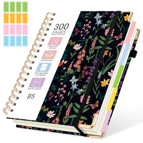 Hardcover Spiral Journal Notebook, 300 Pages 5 Subject Notebook College Ruled with Removable Dividers Tabs, 8" x 10" Notebooks for Work, Spiral Ruled Lined Writing Journal Hardcover Leather Notebook for School (Black Floral, 8''x 10'')