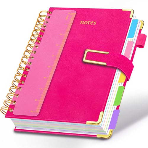 Hardcover Spiral Notebook College Ruled, 8"x10" Leather Journal Notebook with Magnetic Closure, 300 Pages 5 Subject Notebook with Dividers Tabs Journal for Women Men, Work, School(Rose Red)