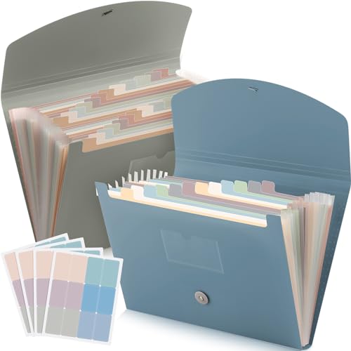 Harloon 2pack 24Pocket Accordion Expanding File Folder with Cover Label,Portable Expanding File Organizer,Desktop Folders A4 Paper Document Storage Organizer Home Office School(Dark Green, Light Blue)