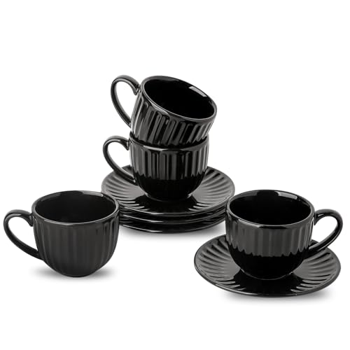 Hasense 4 Oz Espresso Cups with Saucers Set of 4, Ribbed Cappuccino Cups Ceramic for Coffee,Espresso,Double shot,Latte and Macchiato, Demitasse Cups Set Aesthetic Gift, Black