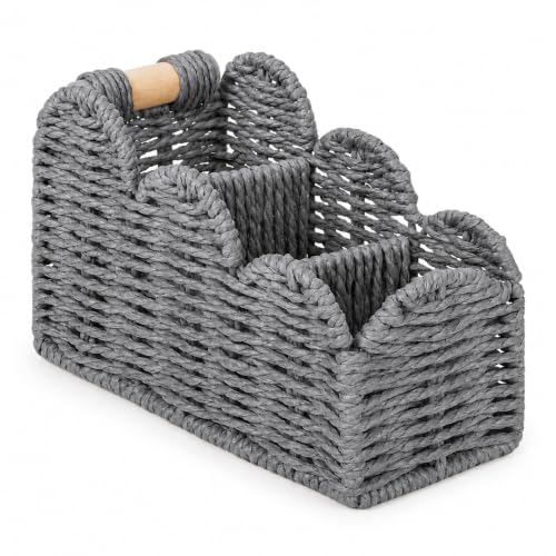 Hawfrides Handwoven Desk Organizer Basket, Paper Rope Desktop Storage Caddy with Wooden Handle, Multi Compartment Pen Holder for Office Supplies, Stationery, Makeup Brushes, Remote Controls (Gray)