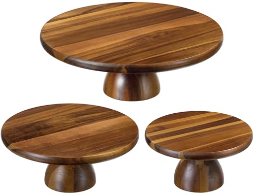 HBlife 3 PCS Acacia Wood Cake Stand Set (8"/10"/12" Plate), 2-in-1 Cake Holder and Charcuterie Board with Built-in Dip Bowl, Dessert Table Display Set, Decorative Tray for Home Decor