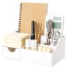 HBlife Acrylic Desk Organizer with Drawer, Pen & Pencil Holder, Multifunctional Desktop Caddy for Office Supply and Organization (White)