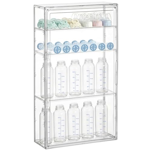 HBlife Baby Bottle Storage Organizer for Wall Countertop Cabinet, 4 Tiers Adjustable Clear Acrylic Bottles Storage Station Case Box Container with 3 Removable Dividers and Magnetic Door, Large