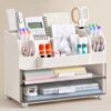 HBlife Desk Organizer with Pencil Pen Organizer for Desk, Pen Holder with 2 Drawers, Desk Organizers and Accessories with Compartments, Desktop Storage for Office Home School Art Supplies, White