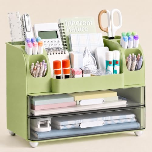 HBlife Desk Organizer with Pencil Pen Organizer for Desk, Pen Holder with 2 Drawers, Desk Organizers and Accessories with Compartments, Desktop Storage for Office Home School Art Supplies, Green