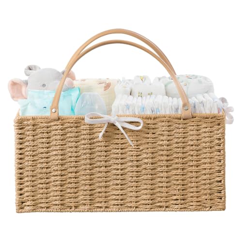 HBlife Large Baby Diaper Caddy Organizer, Paper Rope Storage Baskets Nursery Bin with Removable Divider, Portable Car Organizer for Diapers, Baby Shower Gifts, Newborn Essentials Must Haves