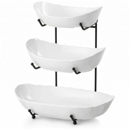 HBlife Large Fruit Bowl for Kitchen Counter - 3 Tier Fruit Basket with Black Metal Stand, Ceramic Fruit Holder, Tiered Serving Trays for Party