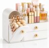 HBlife Makeup Organizer Countertop with Drawers, Vanity Organizers with Brush Holder, Bathroom Counter Organizer for Perfume, Nail Polishes, Lipsticks, Skincare and Eyeshadow Palettes, White and Gold
