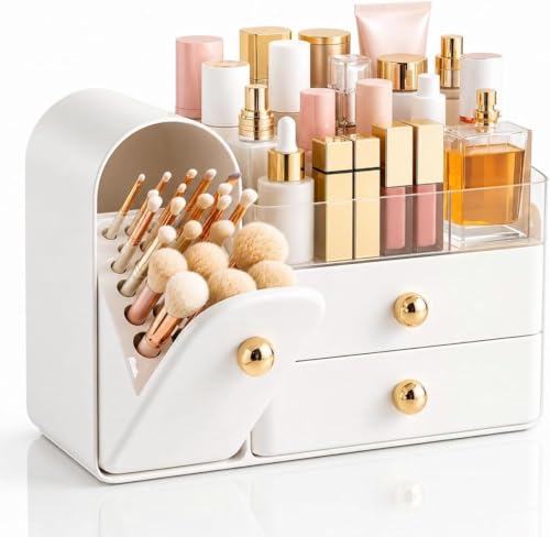HBlife Makeup Organizer Countertop with Drawers, Vanity Organizers with Brush Holder, Bathroom Counter Organizer for Perfume, Nail Polishes, Lipsticks, Skincare and Eyeshadow Palettes, White and Gold
