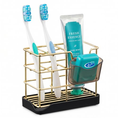 HBlife Toothbrush Holders for Bathrooms Gold, Small Stainless Steel Bathroom Toothbrush Holder with Tray, Bathroom Accessories and Apartment Essentials