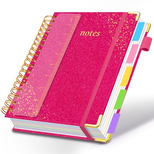 HDhuiun Hardcover Spiral Notebook with Removable Dividers & Tabs, 8"x10" 5 Subject Notebooks for Work, 300 Pages College Ruled Notebook, B5 Sparkle Lined Journal for Women Girls Note-Taking (Rose Red)