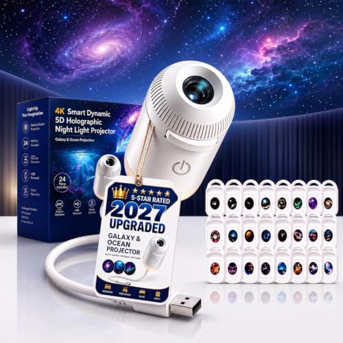 HD Smart Dynamic 5D Holographic Night Light Projector, 2-in-1 Galaxy Projector Night Light for Bedroom, Plug and Play HD Star Projector with 24 Ocean Films, 360° Rotating USB Ceiling Light (24PCS)