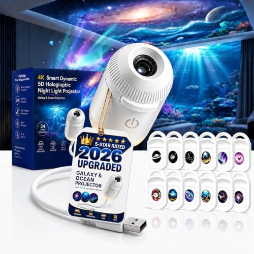 HD Smart Dynamic 5D Holographic Night Light Projector, Plug and Play 2-in-1 Galaxy Star and Ocean Projector with 24 Films, 360 Rotating USB Powered Ceiling Light for Bedroom Decor (with 12 Films)